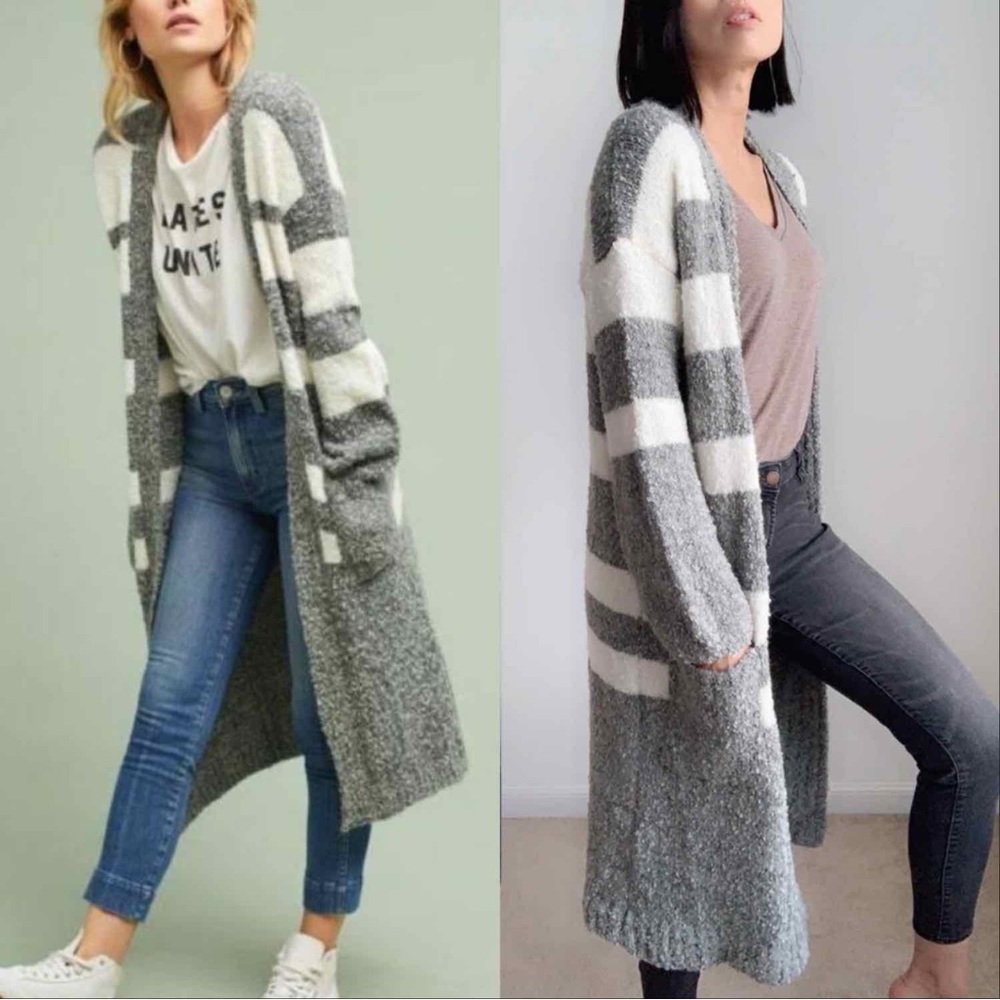 WOOL BLEND OPEN FRONT LONG KNIT CARDIGAN WITH POCKETS - WHITE GRAY COLOR BLOCK